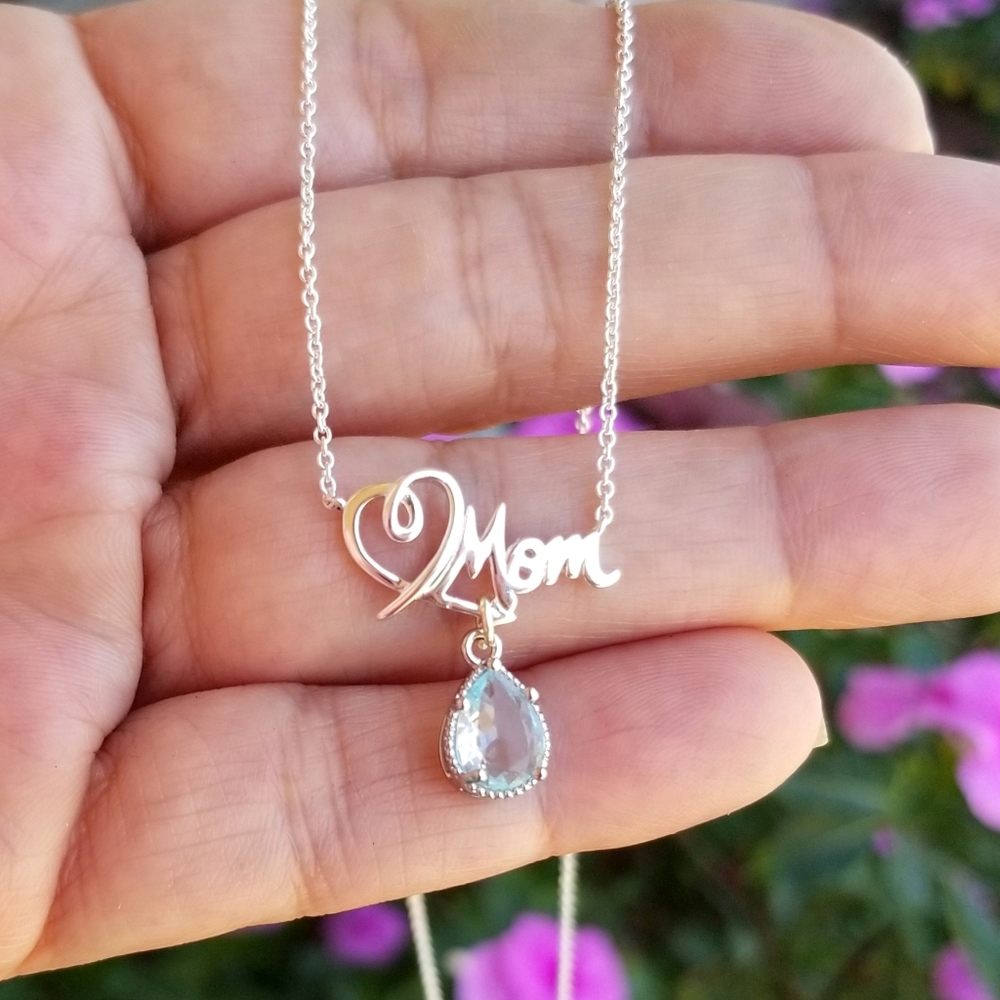 Sterling Silver Mom Pendant Necklace, Aquamarine Necklace, Mothers Day Gift - Picture 2 of 7